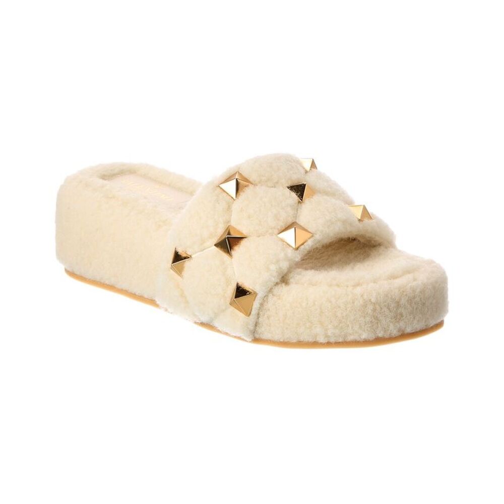Valentino Roman Stud 50 Shearling Platform Slide, White